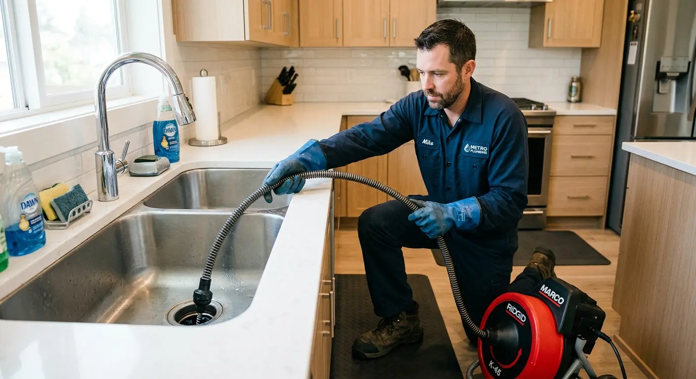 Drain cleaning technician using a motorized snake on a kitchen sink in Brigantine