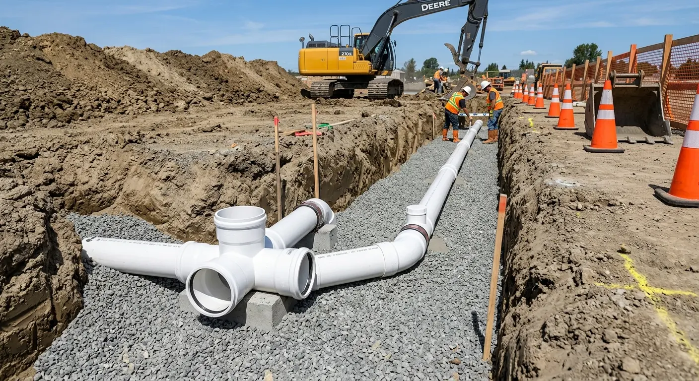 New PVC sewer pipe installation in open trench for Sewer Backup in Brigantine