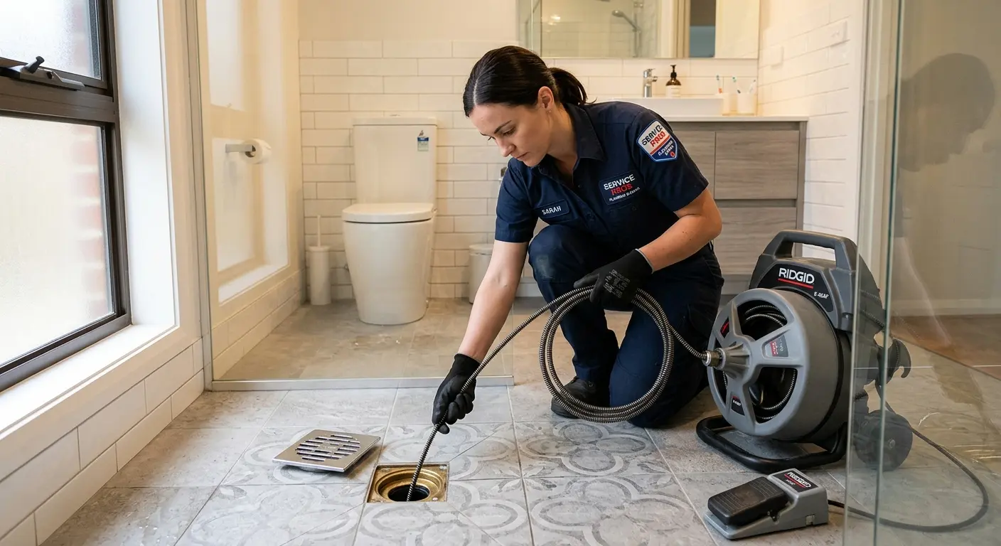 Technician clearing a bathroom floor drain for Sewer Line Installation in Brigantine